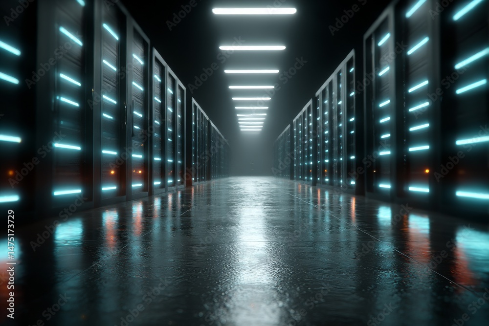 Aufkleber Data Center Alley: A Look Down a Row of Glowing Servers with Reflections and Neon Lights