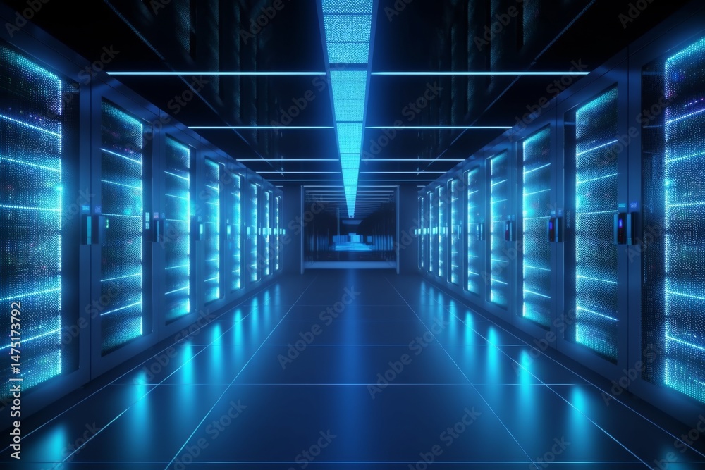 Leinwandbilder data center alley: illuminated servers in a futuristic, high-tech environment for computing and clou