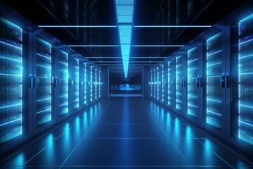 Fototapeta premium Data Center Alley: Illuminated Servers in a Futuristic, High-Tech Environment for Computing and Cloud Storage