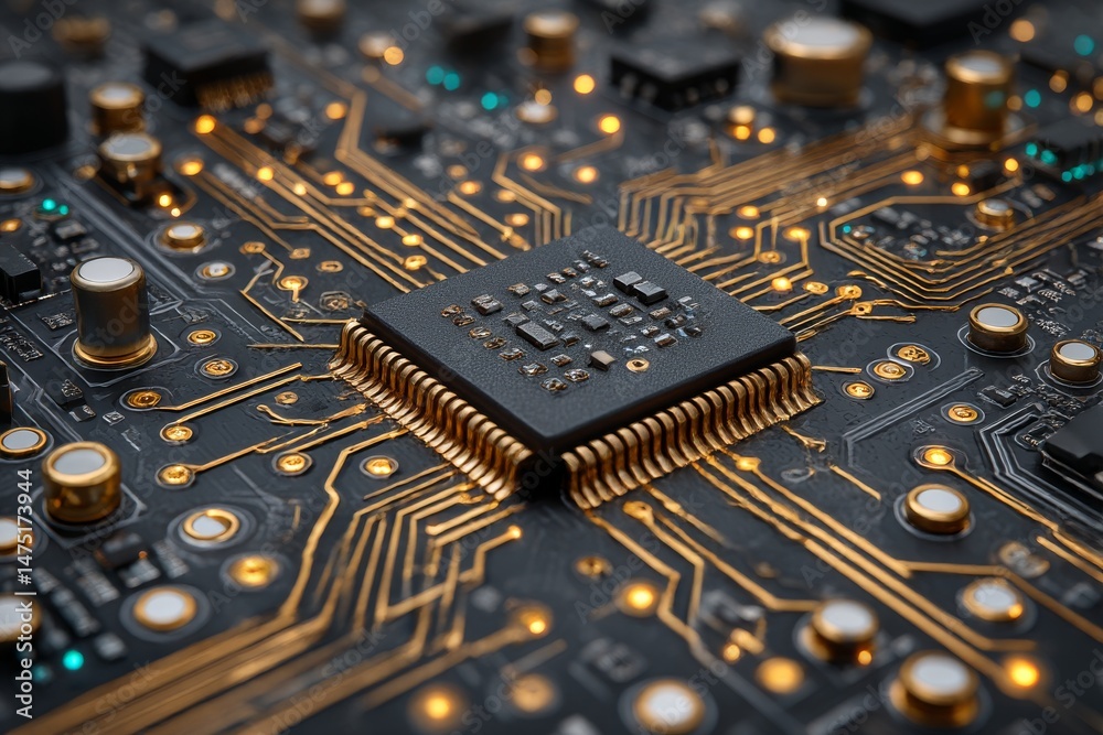 Poster detailed circuit board close-up with central microchip and golden traces - high-tech innovation