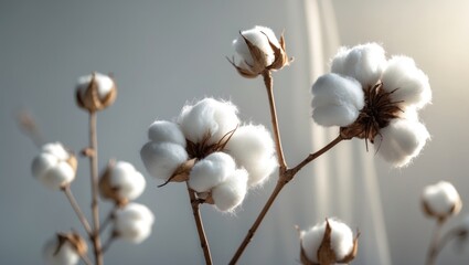 White cotton blooms on a pale background with plenty of space