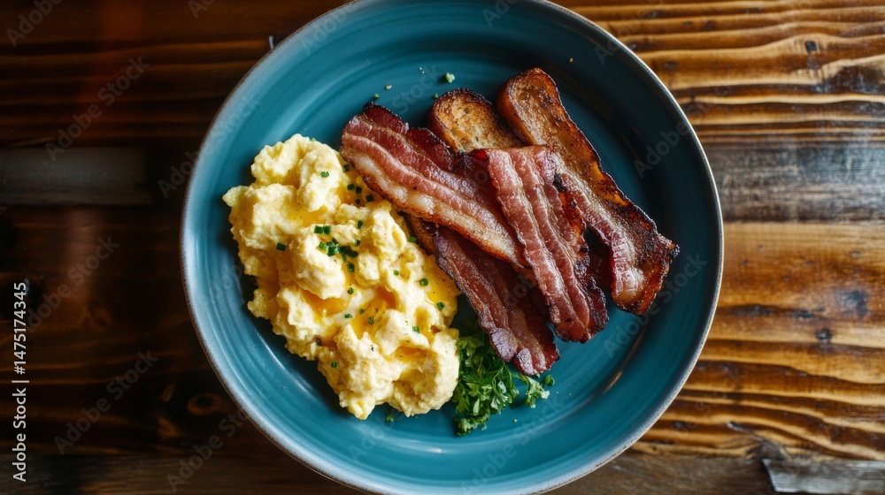 Poster A plate of crispy bacon served alongside freshly scrambled eggs and buttered toast, arranged on a wooden breakfast table.