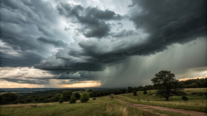 Dramatic Storm Clouds over Rolling Hills Landscape Photography, Wide Composition, Dark Moody Atmosphere, Rain, Thunderstorm Storm Photography, Nature Photography