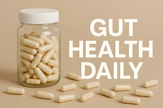A jar filled with white capsules labeled for daily gut health, surrounded by additional capsules on a beige background. Concept Daily Gut Health, White Capsules, Supplement Jar, Beige Background
