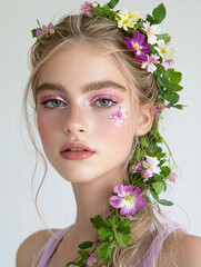 Naklejka premium Beautiful portrait of young woman with floral makeup and flower crown, exuding serene and enchanting vibe
