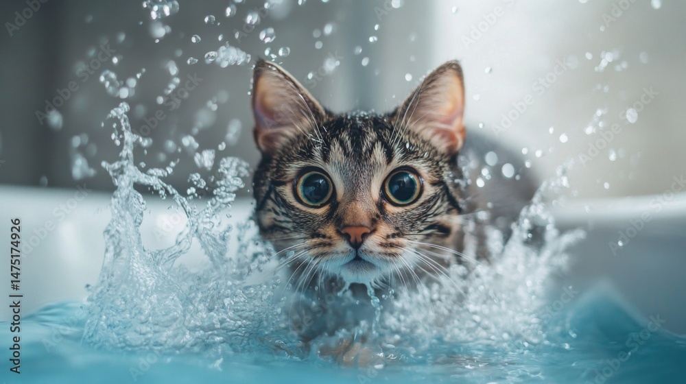 Poster a playful moment captured as a cat tries to escape from a bathtub, with water splashing around and i