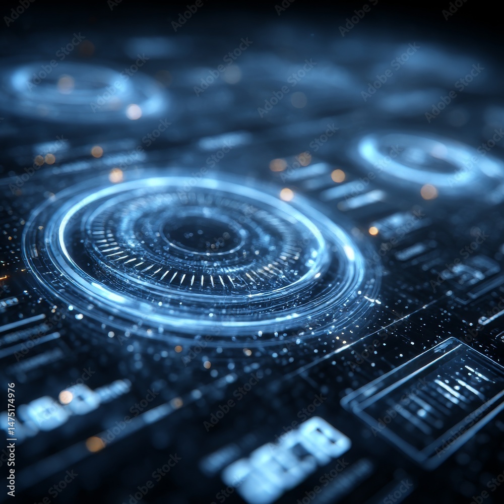 Leinwandbilder futuristic abstract technology interface with blue glowing circles and data, high-tech visualization