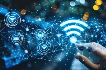 Obraz premium A digital hand interacts with a glowing Wi-Fi symbol and network icons, representing wireless connectivity and modern technology.