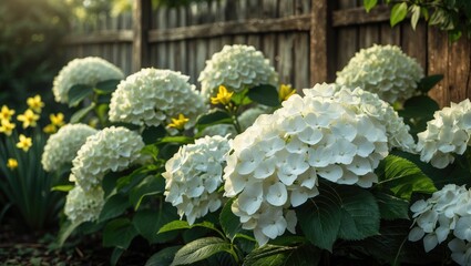 white hydrangea bushes accompanied by green leaves