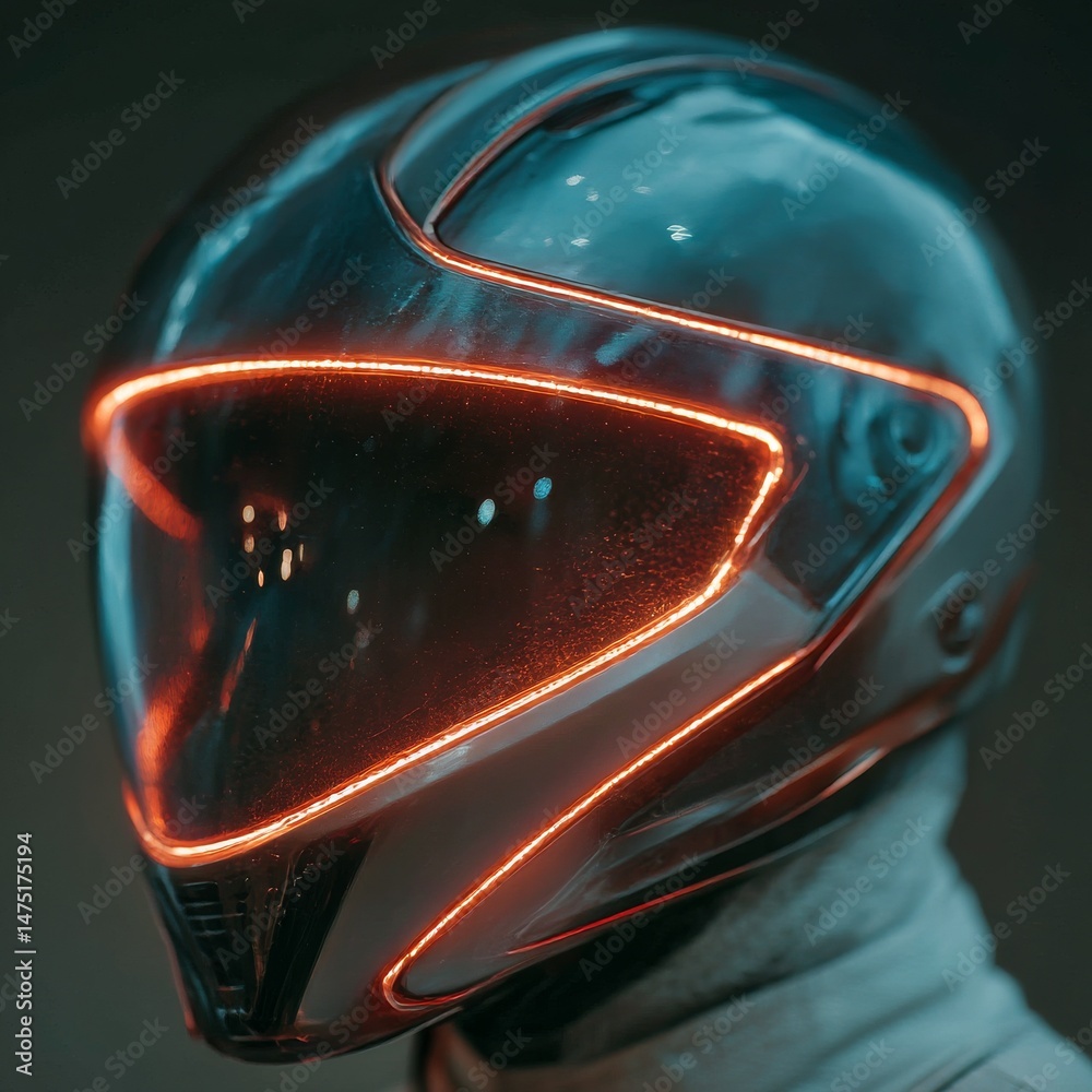 Fototapete Futuristic Helmet with Glowing Visor: A Glimpse into Cyberpunk and Technological Innovation, a striking blend of style and advanced engineering