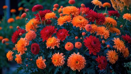 Garden Background Featuring Blooming Chrysanthemums in Autumn