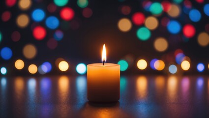 Illuminated candle surrounded by sparkling bokeh and glittering lights in a festive setting