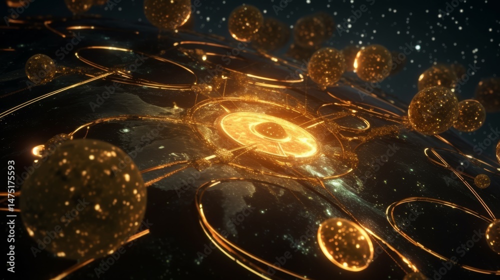 Poster golden celestial network: interconnected orbs and rings illuminating a cosmic landscape