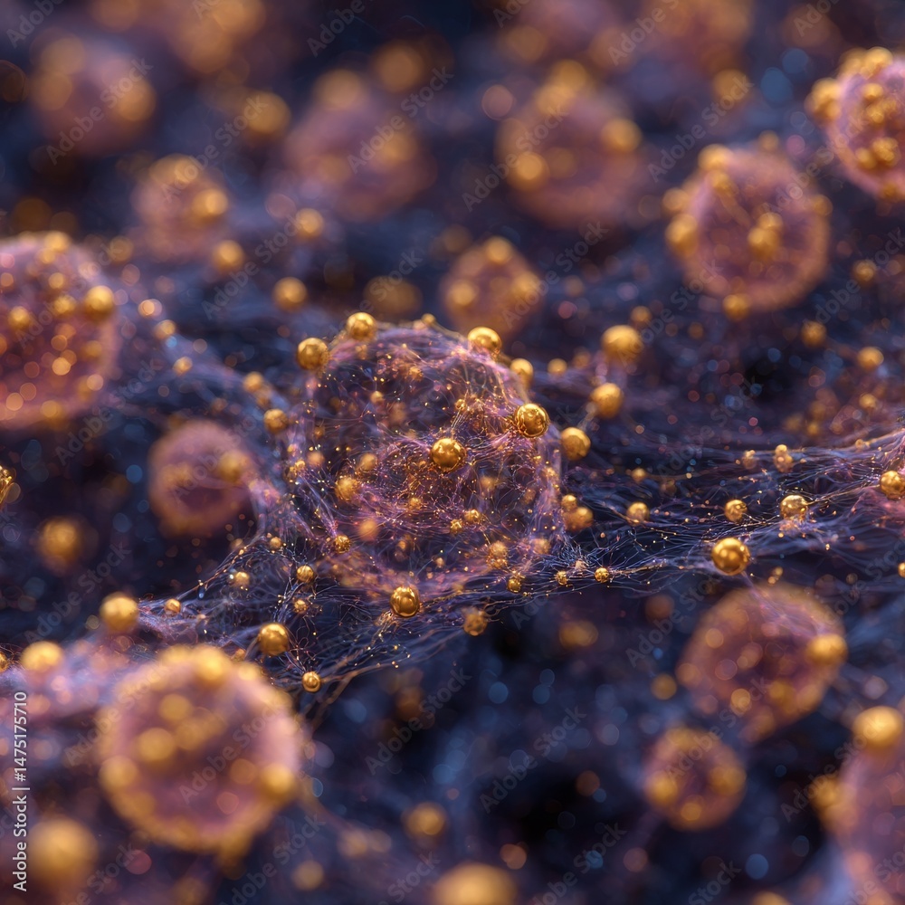 Fototapete golden spheres and filament structure: a microscopic abstraction of interconnected networks