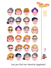Can you find two identical eyeglasses? Logic puzzle for children and adults. Game Seek and Find. Page for kids brain teaser book. Task for attentiveness. IQ test. Play online. Hand drawn flat vector.