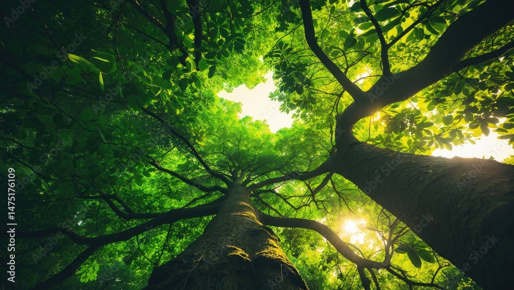 Poster green leaves and sunlight: capturing the top of a tree from below