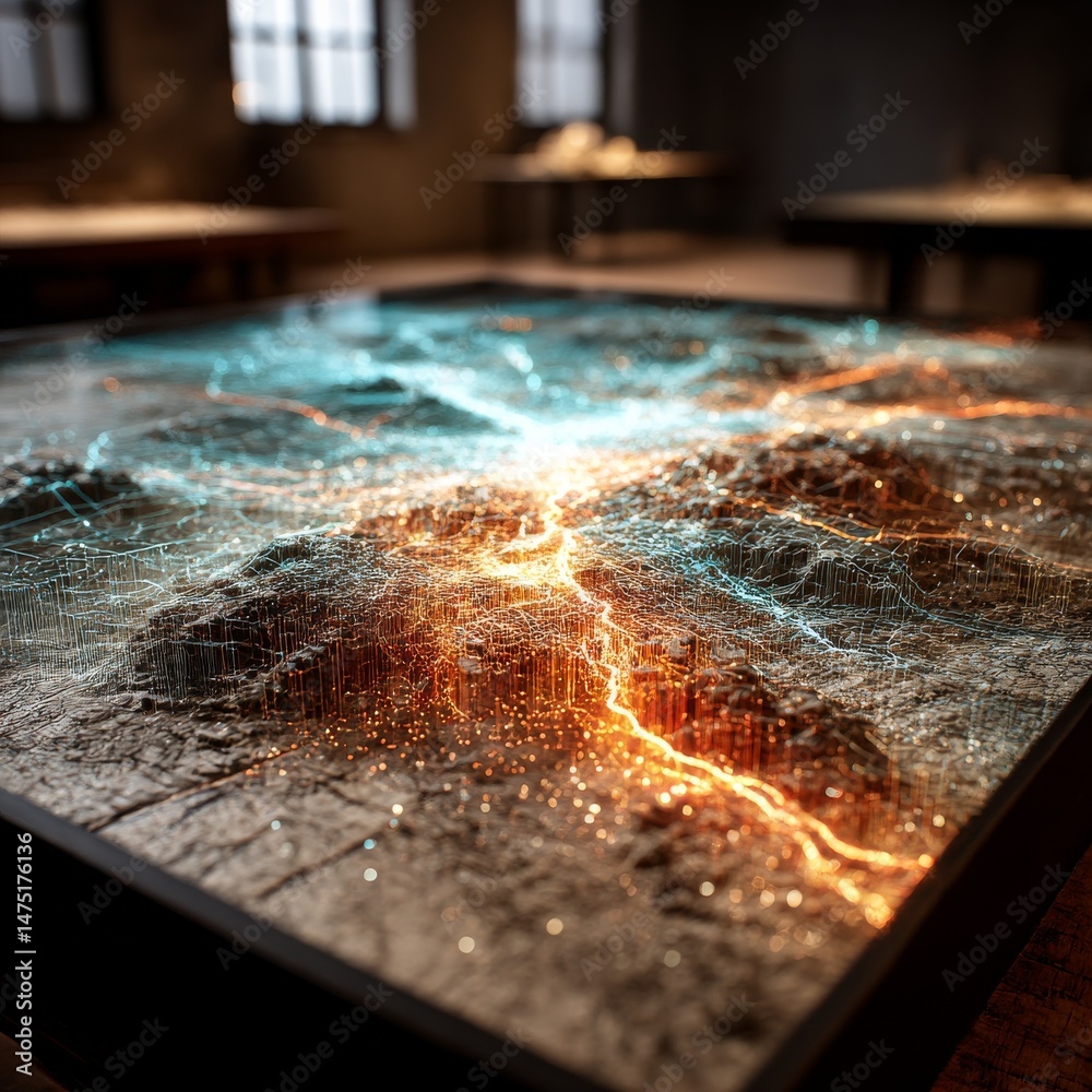 Aufkleber Illuminated Topographic Map Displaying Lighted Networks of Interconnected Systems in Interior Space.