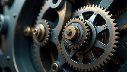 Close-up of intricate gears and metallic components of a complex machine , design, metallic texture, industrial background