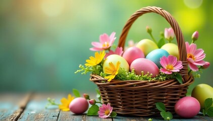 Colorful Easter eggs nestled in a spring basket overflowing with vibrant flowers and fresh greenery , faith, pastel
