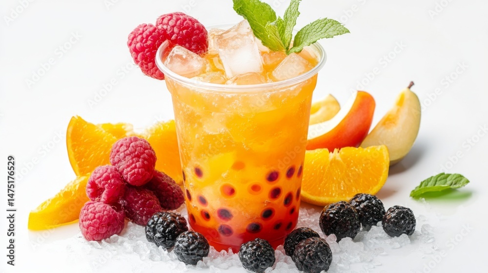 Poster a refreshing cup of fruit-flavored bubble tea with ice cubes and fresh fruit garnishes, displayed on