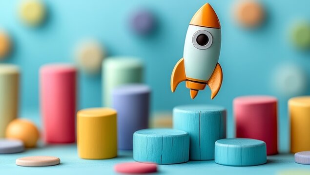 Rocket launch amid blocks in colorful ambiance