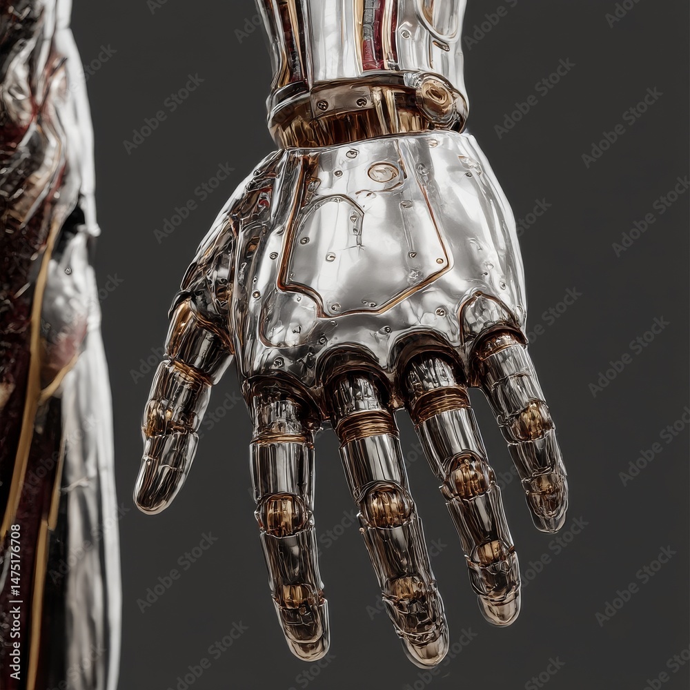 Poster mechanical marvel: detailed view of a cybernetic hand with intricate metallic design and shiny chrom