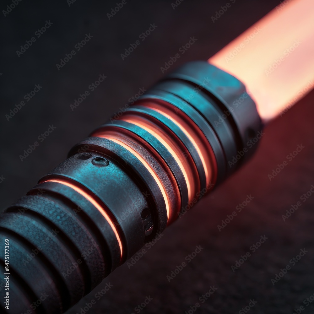 Poster sci-fi energy blade: close-up of a futuristic weapon with a glowing edge against a dark, textured ba