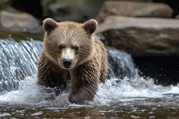 Fototapeta premium A young bear wading through a flowing stream of water
