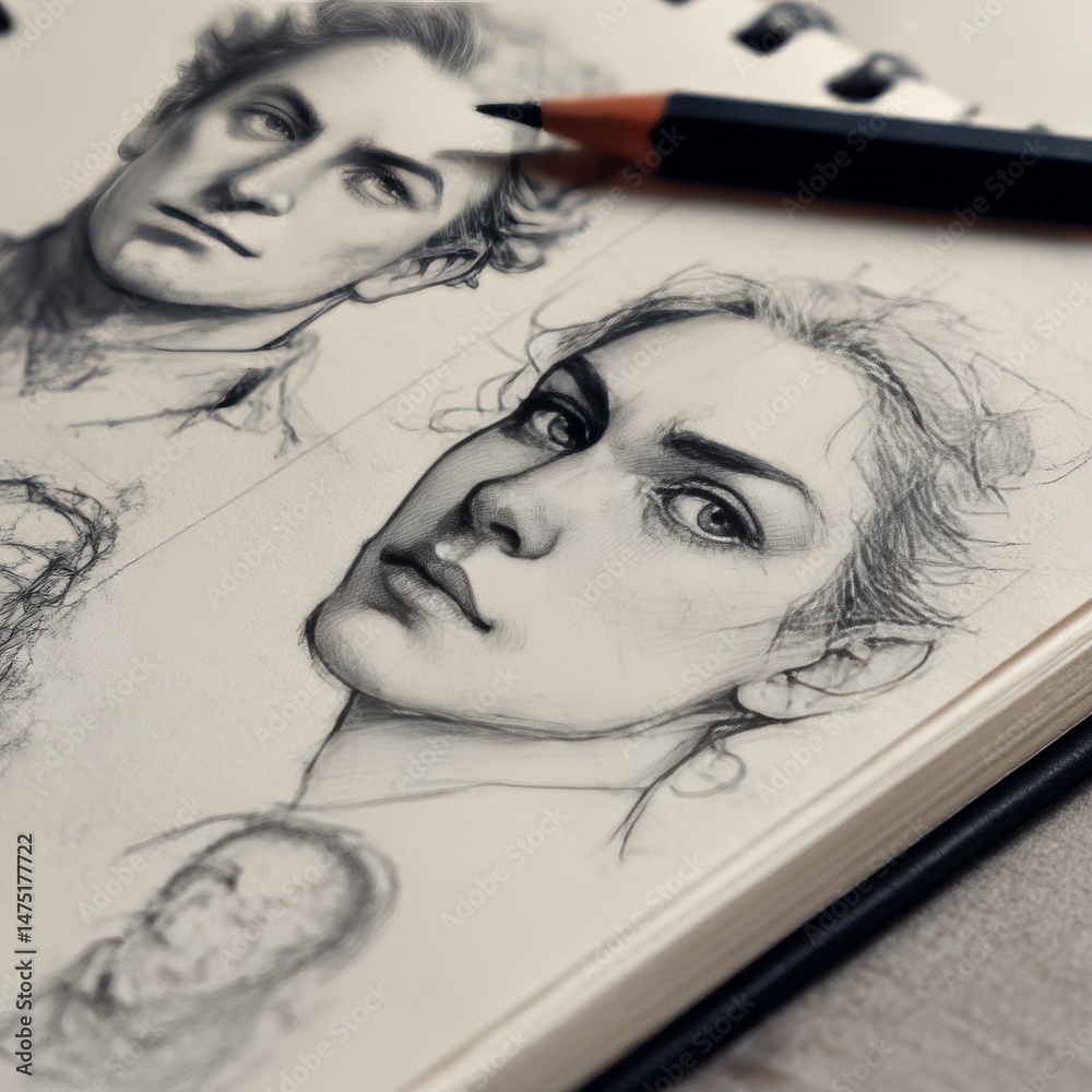 Aufkleber sketchbook studies: graphite pencil portraits exploring artistic expression and shadow play on paper