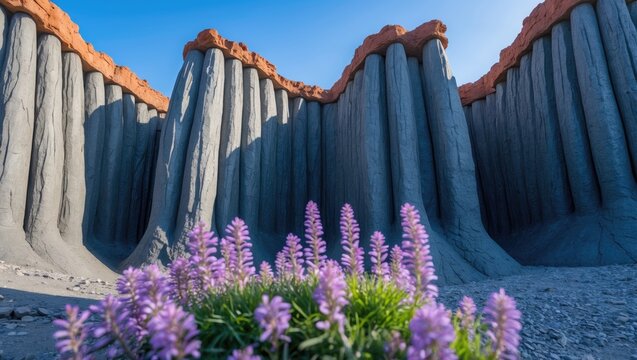 Beautiful volcanic basalt cliff showcasing interlocking columns and rugged landscape