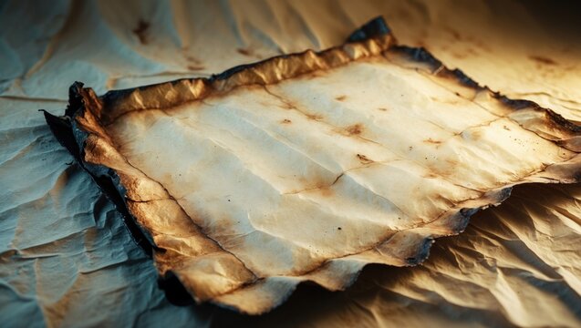 Weathered, creased paper showing fire-affected and burned edges. Vacant space for text or images.