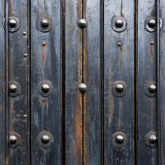 Fototapeta premium Close up of an old black metal security gate with rivets and rust showing its age and texture from eye level