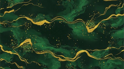 Emerald Green and Gold Abstract Background Texture with Glittering Accents and Flowing Lines for Luxury Design