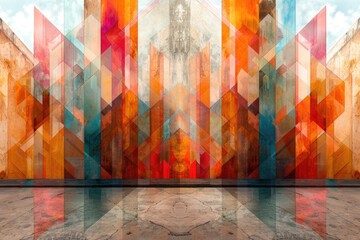 Colorful geometric shapes reflecting on a polished concrete floor