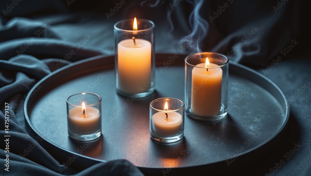 Poster decorative candles arranged on a tray creating a romantic and relaxing atmosphere in home interior