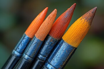 Four paintbrushes with colorful bristles are arranged close together