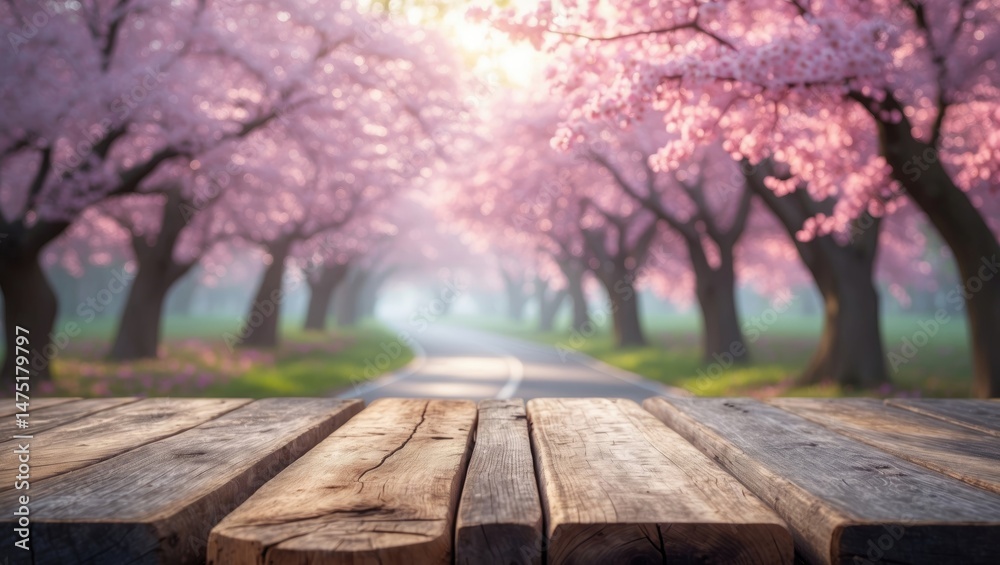 Poster wooden table top in a nature-themed blurred background, designed for product editing or important im