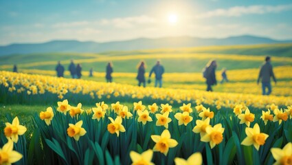 Obraz premium Yellow Narcissus - Daffodil with a Green Background. Flower of Spring