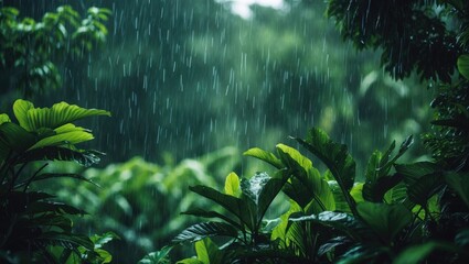 Outdoor lush forest environment during a heavy tropical rainstorm
