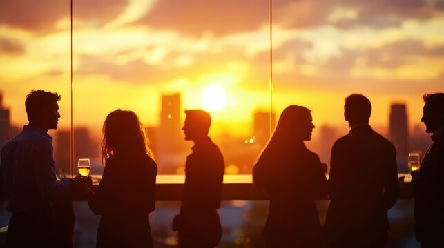 Silhouetted business people networking at a rooftop bar during sunset, city skyline view, corporate event atmosphere, wide angle, copy space.