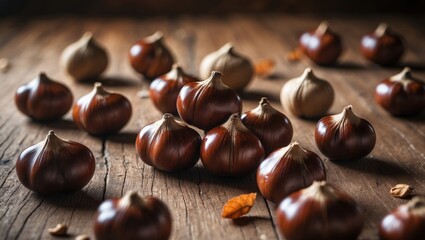 Aesculus hippocastanum, known as tree nuts, showcased on a wooden table. Incorporated in health products to promote blood vessel well-being.