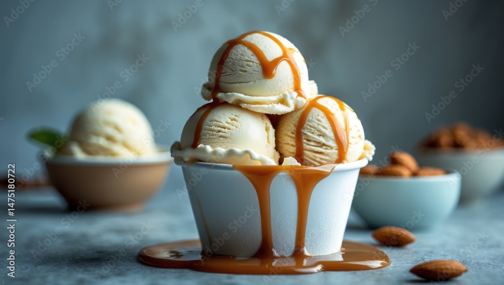 Poster white ice cream balls with caramel sauce in a paper cup placed on a table, closeup image
