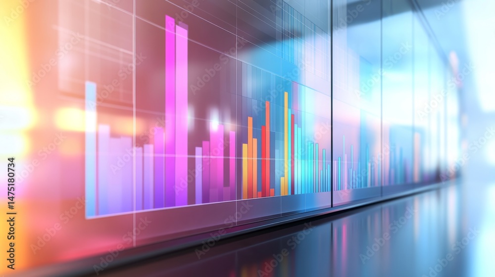 Poster a screen displaying a comparison bar graph with multiple data sets, set in a modern conference room 