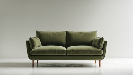 Furniture series including a khaki fabric classic sofa on wooden legs isolated on background
