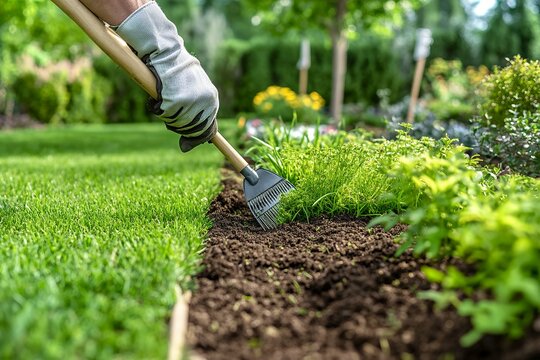Gardening: gloved hand raking soil in lush green garden with vibrant plants