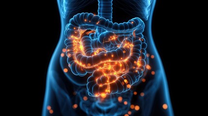 Inflamed intestines, highlighted in orange.  Intestinal inflammation, digestive system, medical illustration, 3D model, anatomy