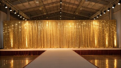 Glittering Gold Stage Backdrop Runway, Curtain, Lighting, Event, Gold sequin backdrop, stage lighting Event Decor, Stage Design