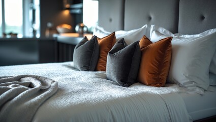Luxurious and minimalist bedroom design with plush pillows, elegant furnishings, and a serene, cozy vibe