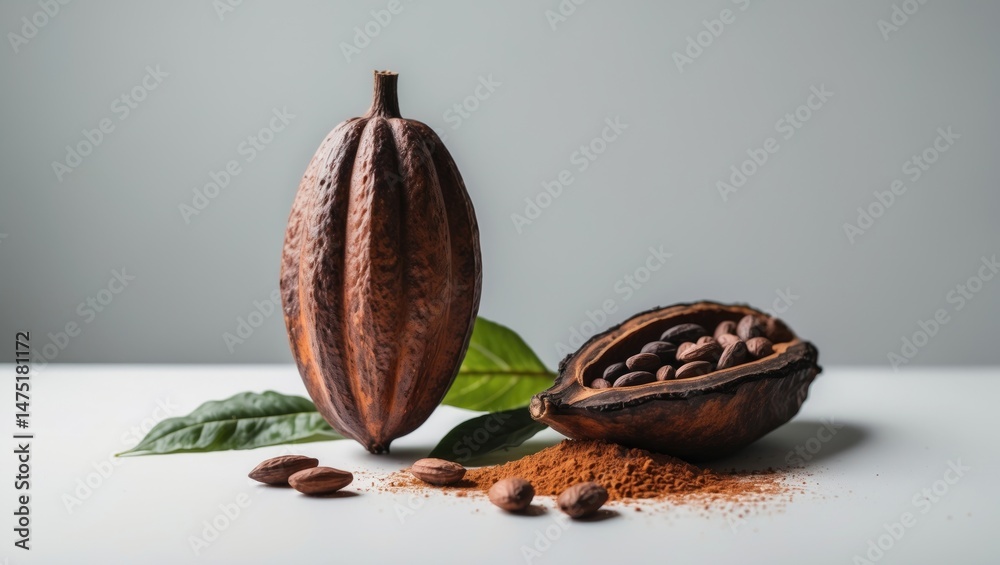 Aufkleber white background featuring cocoa pods, cacao powder, and cocoa beans with leaves, flat lay. food ide