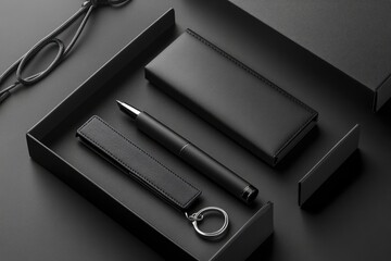Elegant black leather pen, wallet, and keychain gift set in a box